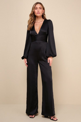 Graceful Black Deep V-Neck Long Jump Suit With Long Sleeves