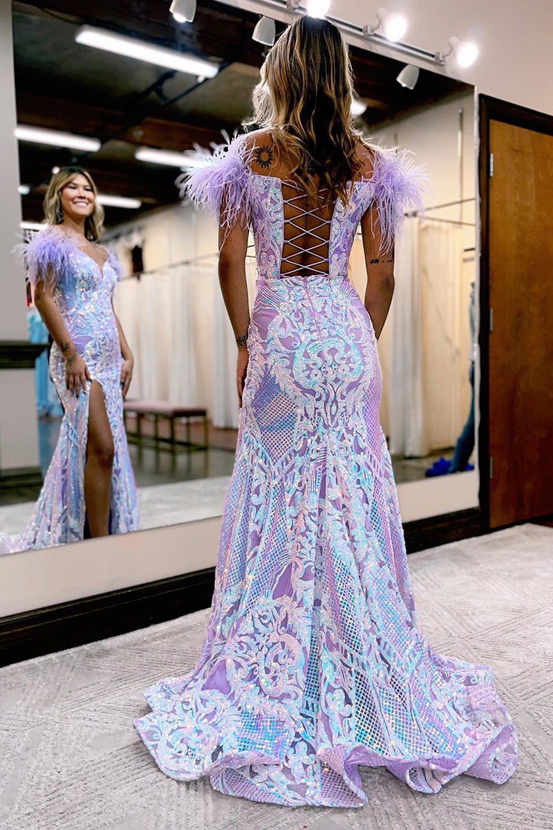 Royal Blue Glitter Mermaid Prom Dress with Feathers and Sequins Off-the-Shoulder Long Gown