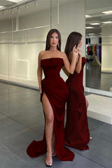 Stylish Strapless Mermaid Split Champagne Evening Dress With Pleated