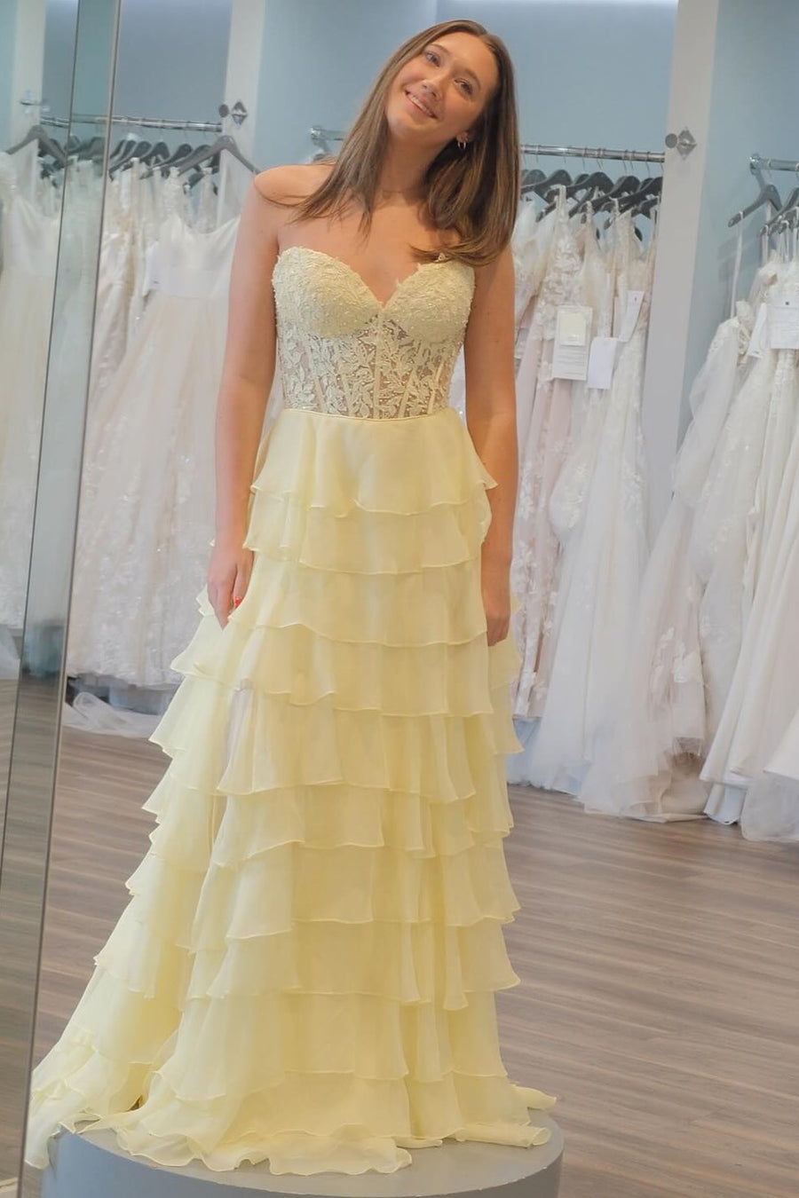 Light Blue Long Tiered Chiffon Prom Dress with Appliques in a Sweetheart A-Line