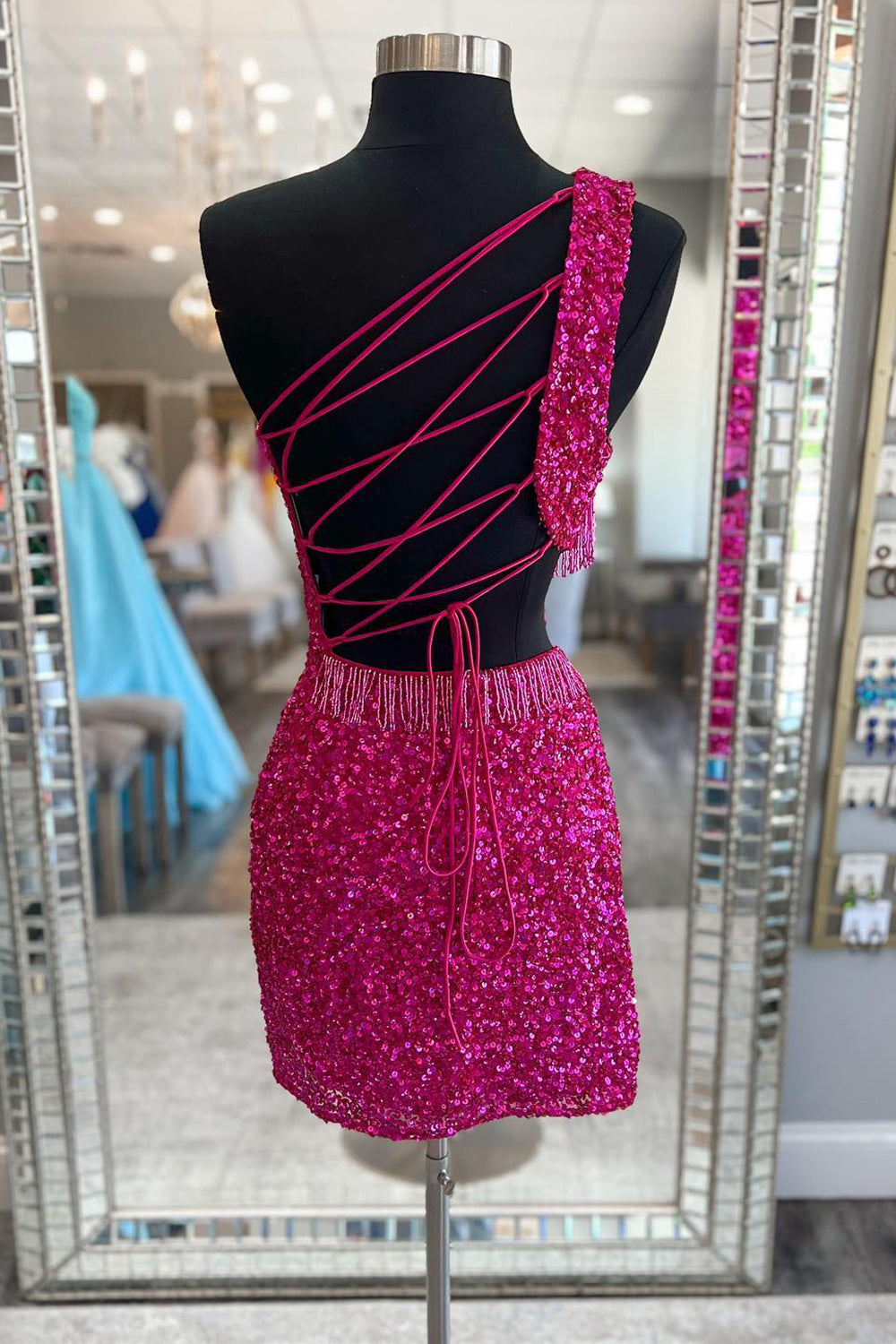Sparkly Fuchsia Sequins Fringed Cut Out Tight Short Homecoming Dress/Mini Dress