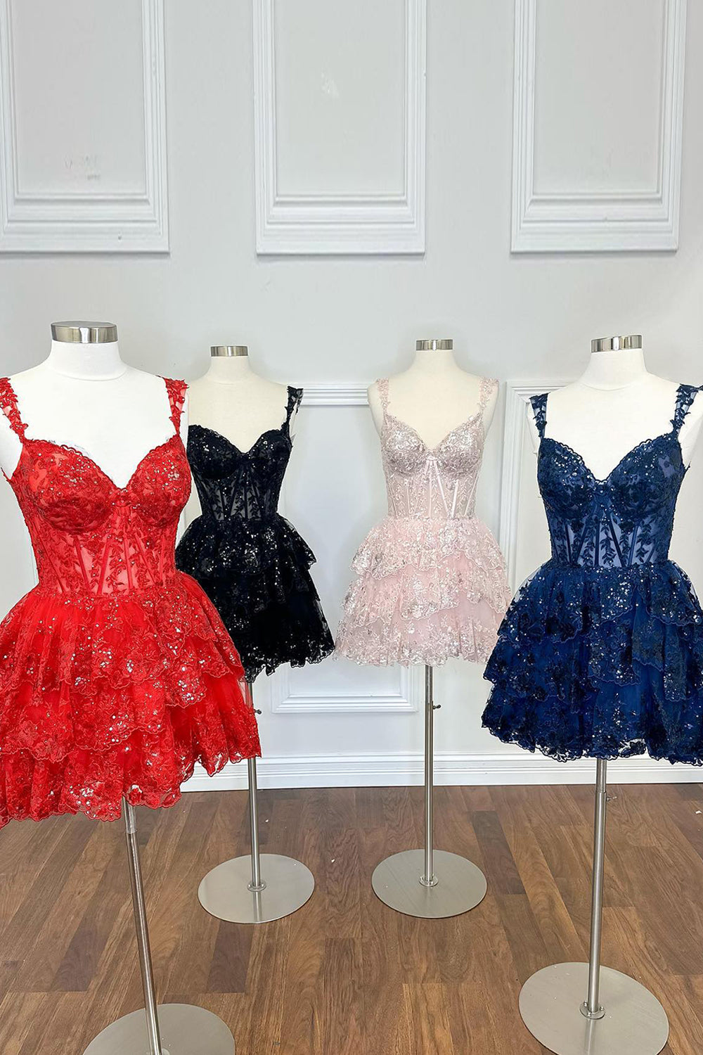 Sparkly Dark Red Corset Tiered Lace A-Line Short Homecoming Dress/Mini Dress