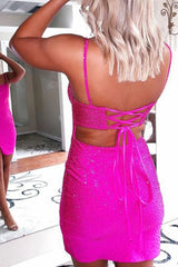 Sparkly Lace-Up Back Sequins Fuchsia Tight Short Homecoming Dress/Mini Dress