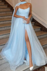 Sky Blue Long Prom Dress with Elegant A Line and Spaghetti Straps Featuring a Split Front
