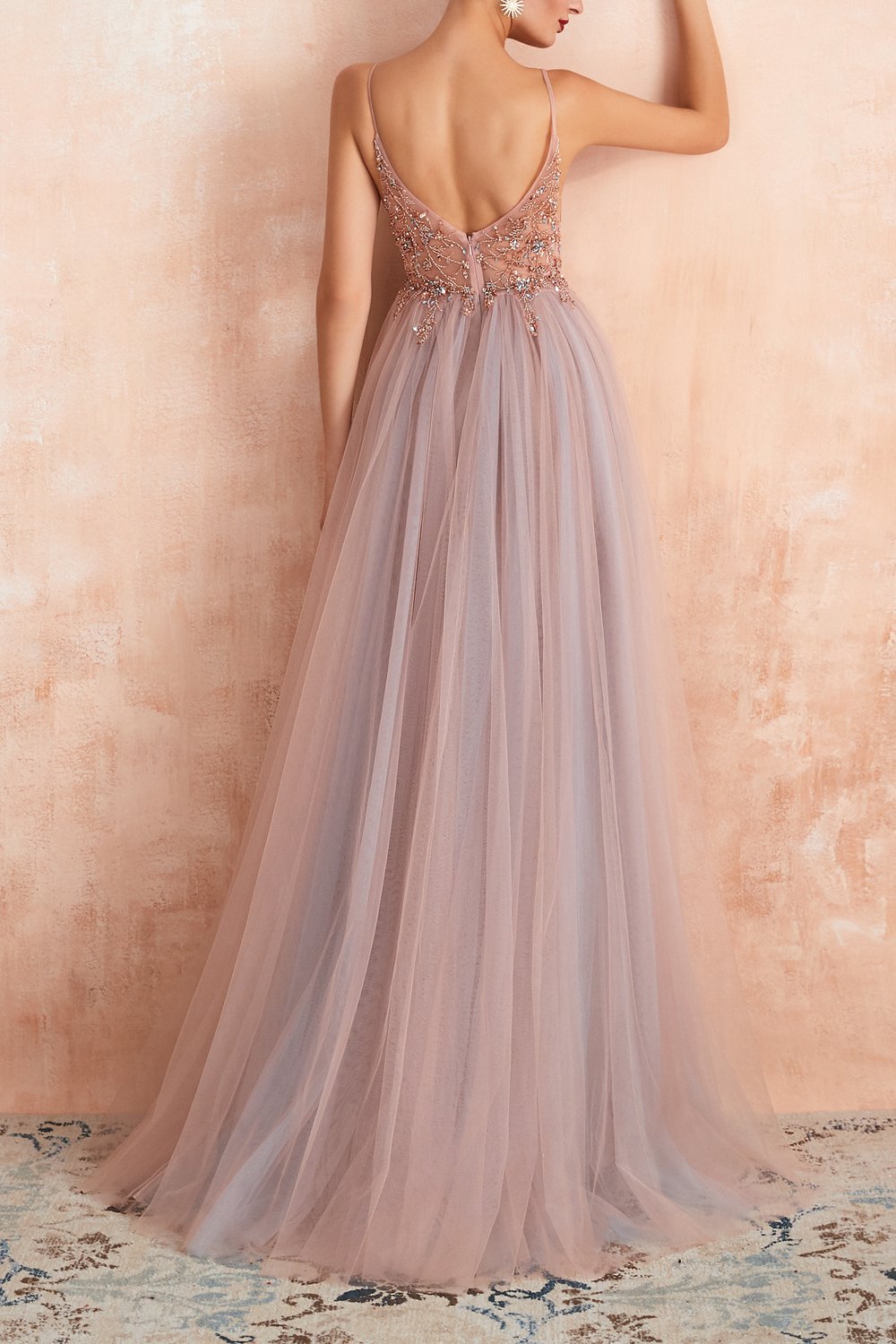 Long Blue Prom Dress with Spaghetti Straps and Slit
