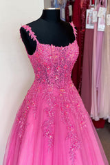 Elegant Hot Pink A-Line Prom Dress with Spaghetti Straps and Appliques