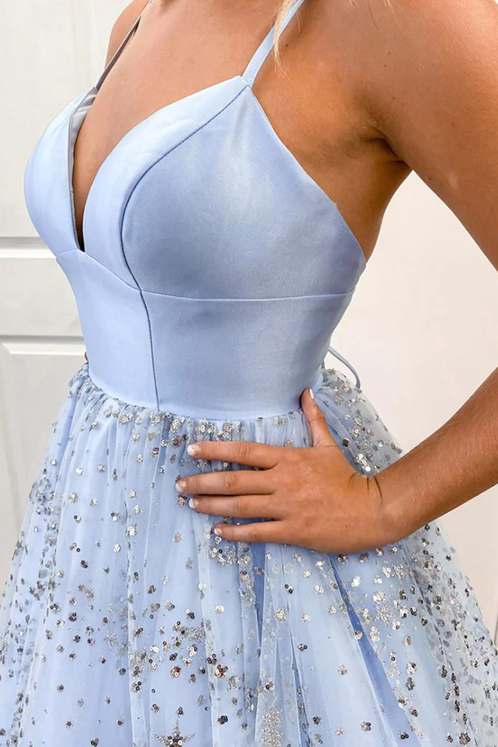 Light Blue Long Prom Dress with Beading and Spaghetti Straps in A-Line
