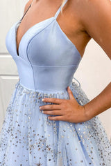 Light Blue Long Prom Dress with Beading and Spaghetti Straps in A-Line