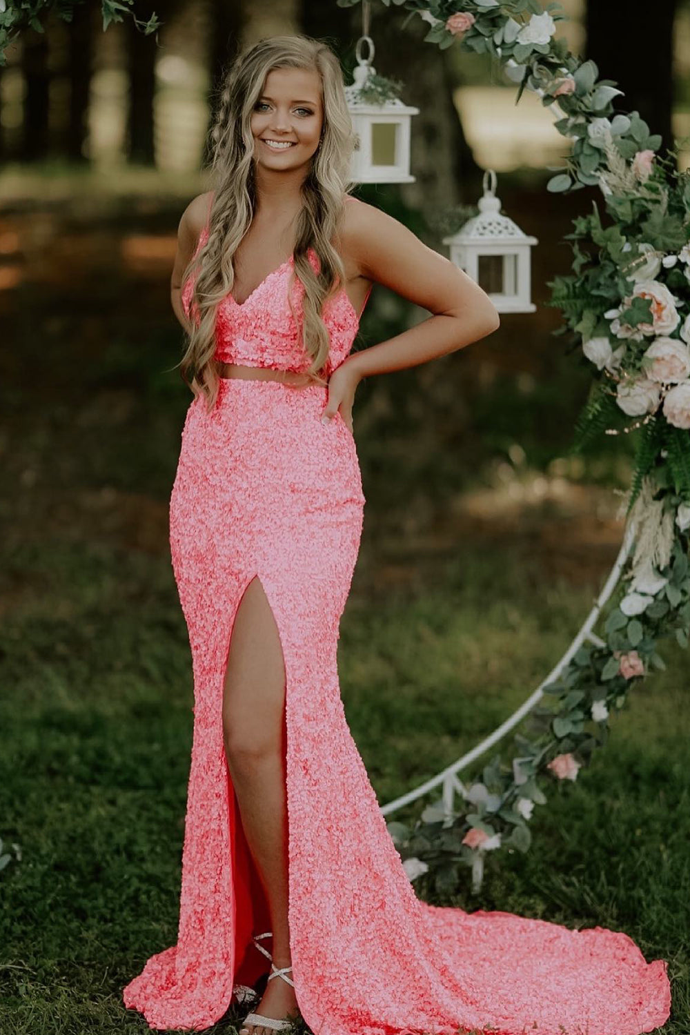Orange Sequined Two-Piece Mermaid Prom Dress Featuring a Slit