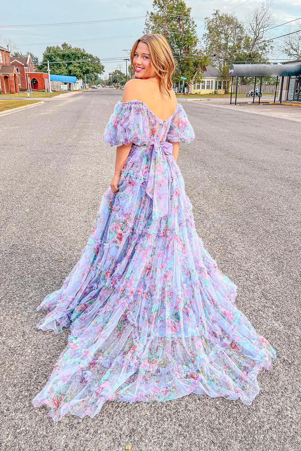 Elegant Off-the-Shoulder Pink Floral Corset Prom Dress with A-Line Silhouette and Sweep Train