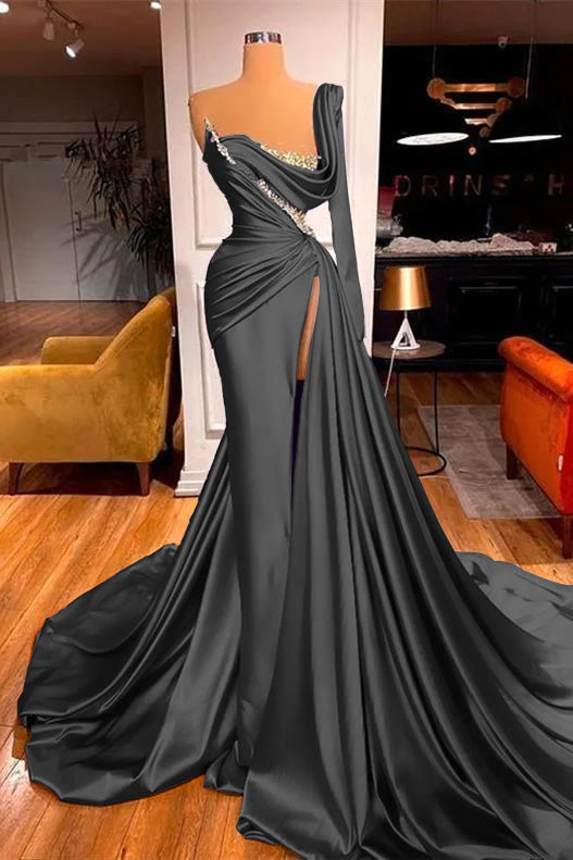 Purple Long Sleeves One-Shoulder Mermaid Beadings Evening Dress Split