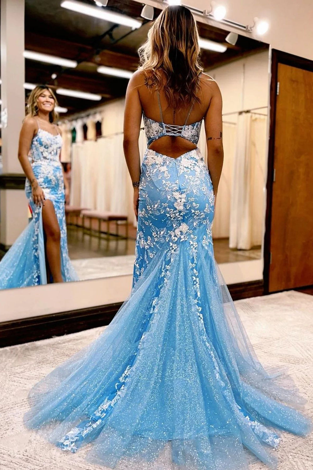 Blue Long Prom Dress with Mermaid Spaghetti Straps and Appliques