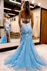 Blue Long Prom Dress with Mermaid Spaghetti Straps and Appliques