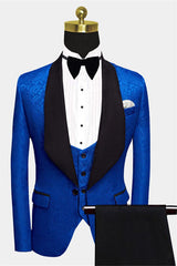 Gentle Royal Blue Floral Jacquard Suit for Men Wedding in Three Pieces