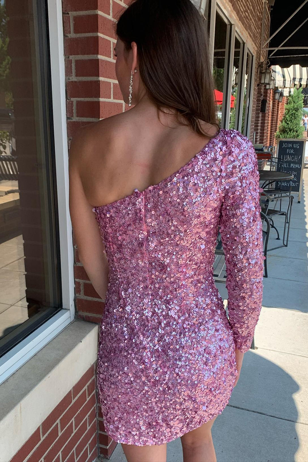 Pink One Shoulder One Sleeve Sequins Tight Short Homecoming Dress/Mini Dress