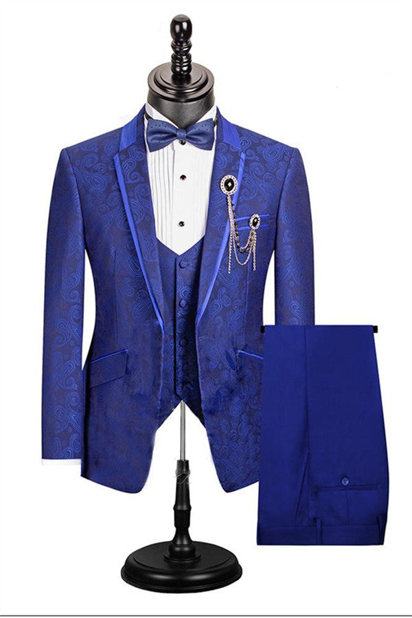 Three-Piece Royal Blue Single Button Paisley Pattern Dinner Prom Suits for Men