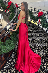 Stylish Red Backless Prom Dress with Mermaid Halter Neck
