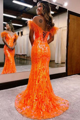 Orange Long Prom Dress with Feathers 鈥?Off-the-Shoulder Mermaid Style