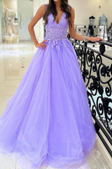 Elegant Purple V-Neck A-Line Long Prom Dress Featuring Appliques