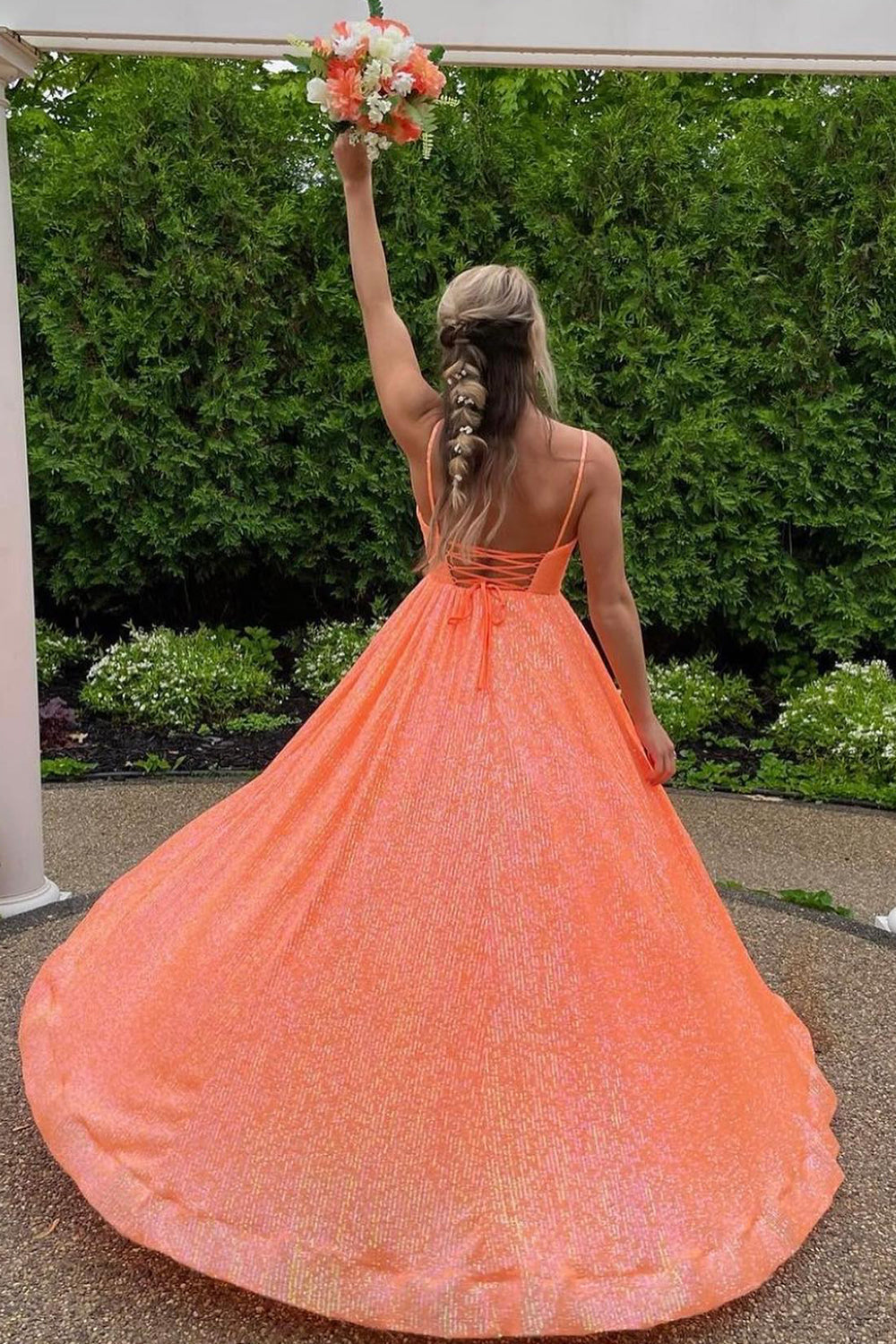 Long A-Line Prom Dress with Fuchsia Sequins and Spaghetti Straps