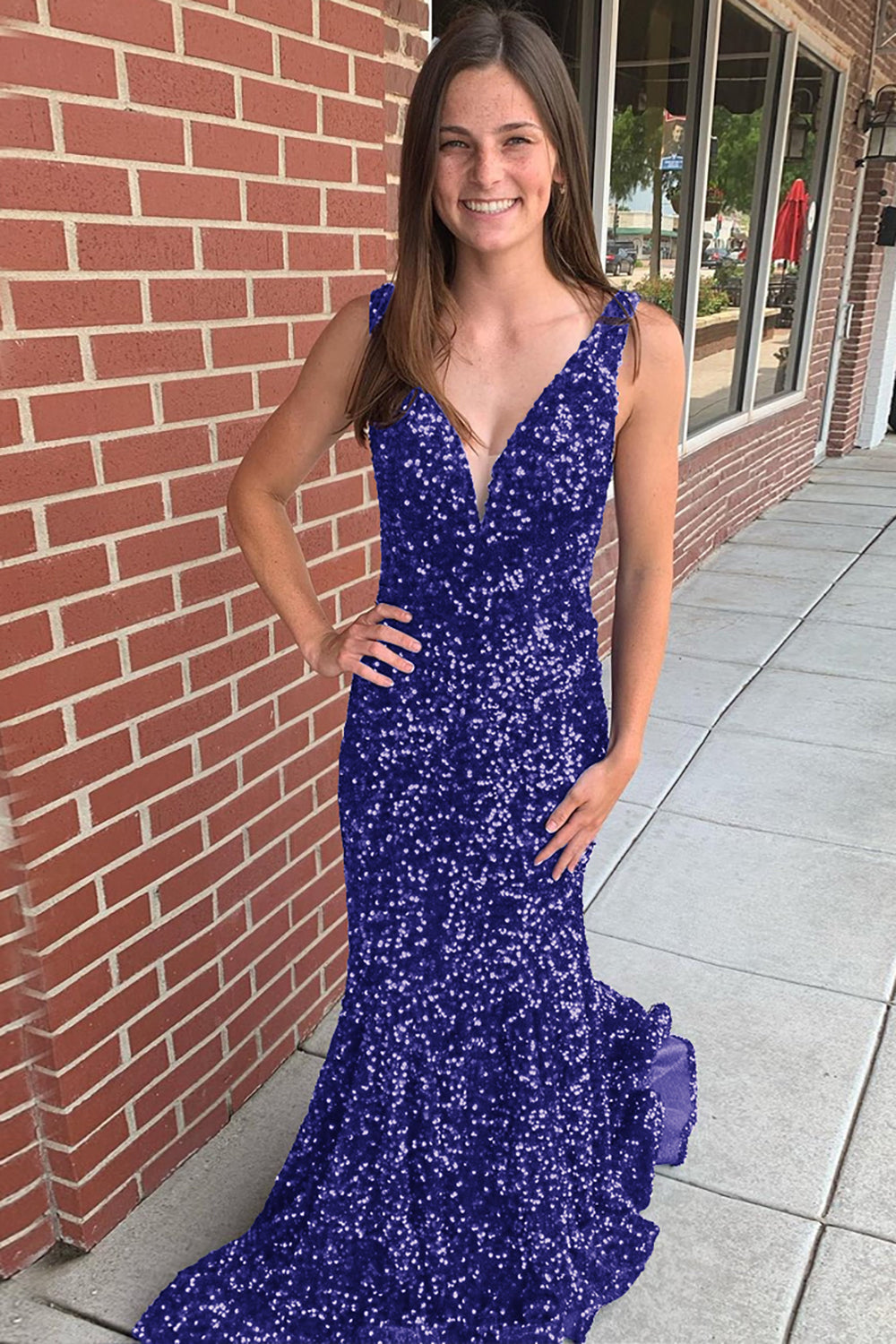 Long Prom Dress with Sequins in Mermaid Blue V-Neck