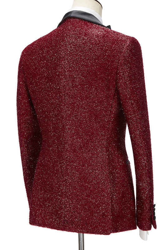 Sparkle Red Three-Piece Wedding Suits with Black Shawl Lapel