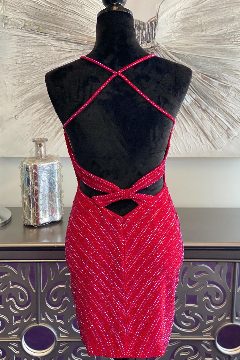 Sparkly Red Sequined Criss-Cross Back Tight Short Homecoming Dress/Mini Dress