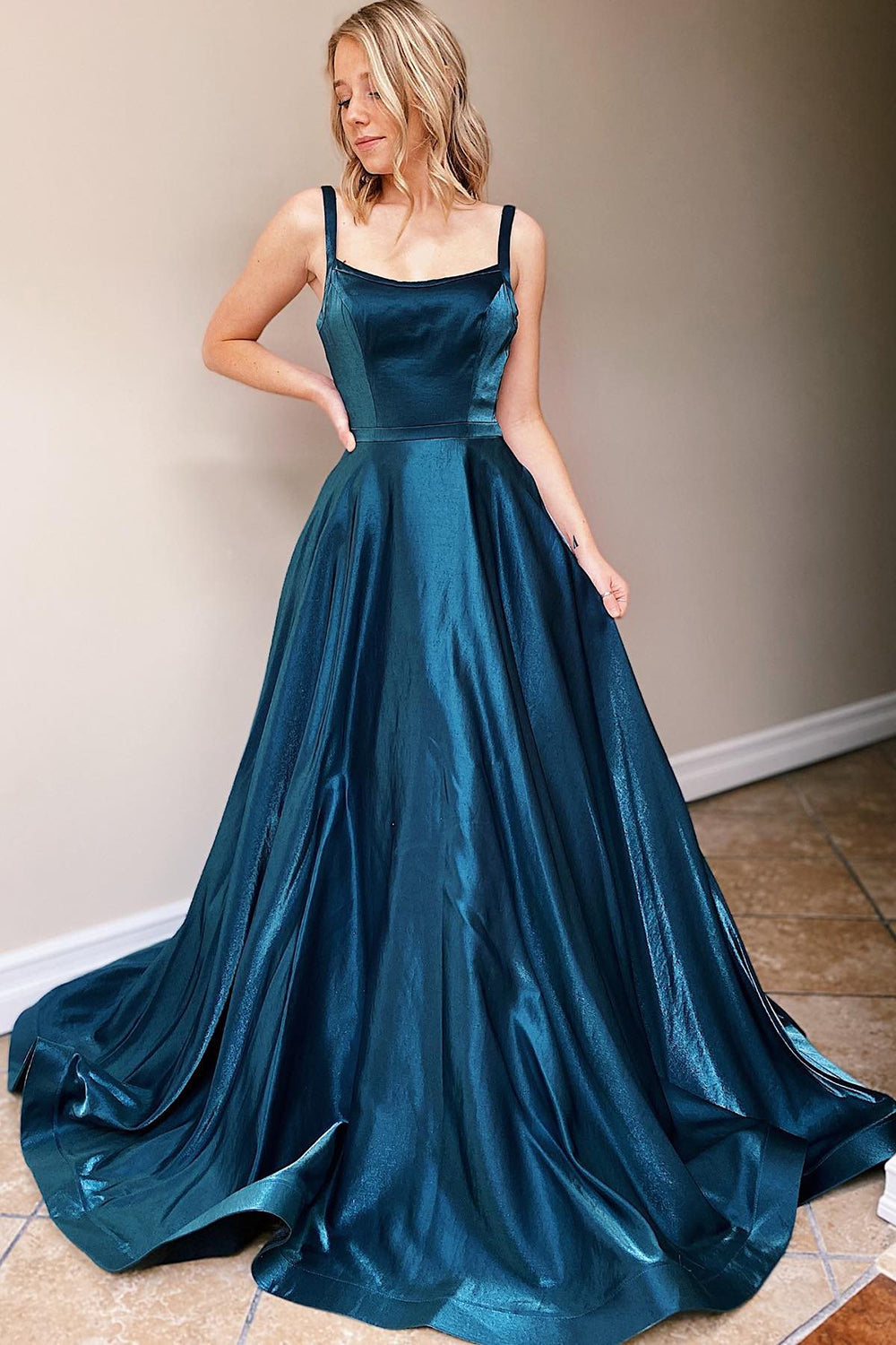 A-Line Prom Dress with Navy Satin Spaghetti Straps
