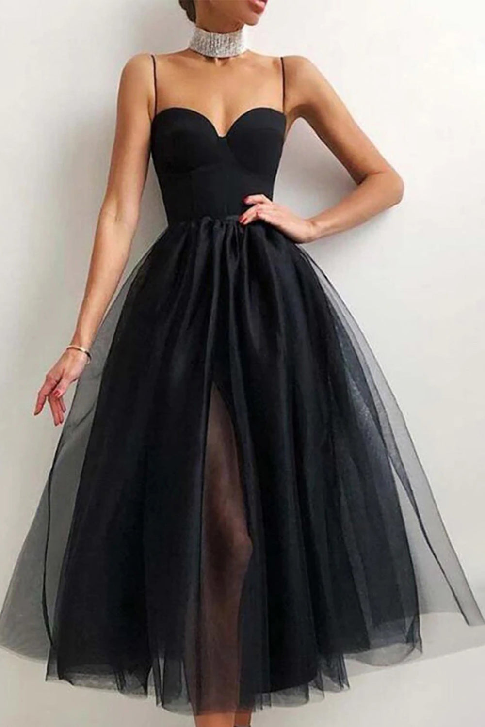 Simple Black Tulle Midi Dress in A-line Style