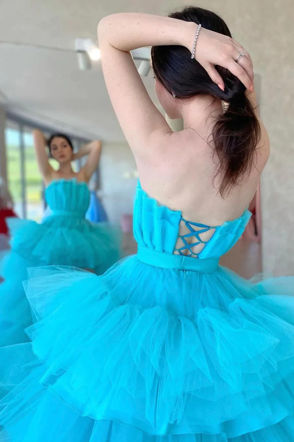 Sky Blue Long Prom Dress with Criss Cross Back in High Low Strapless Style