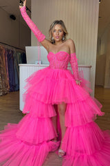 Hot Pink High Low Detachable Sleeves Corset Homecoming Dress/Mini Dress with Lace
