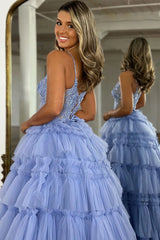 Long Corset Prom Dress with Lilac Princess Spaghetti Straps and Tiered Tulle Appliques