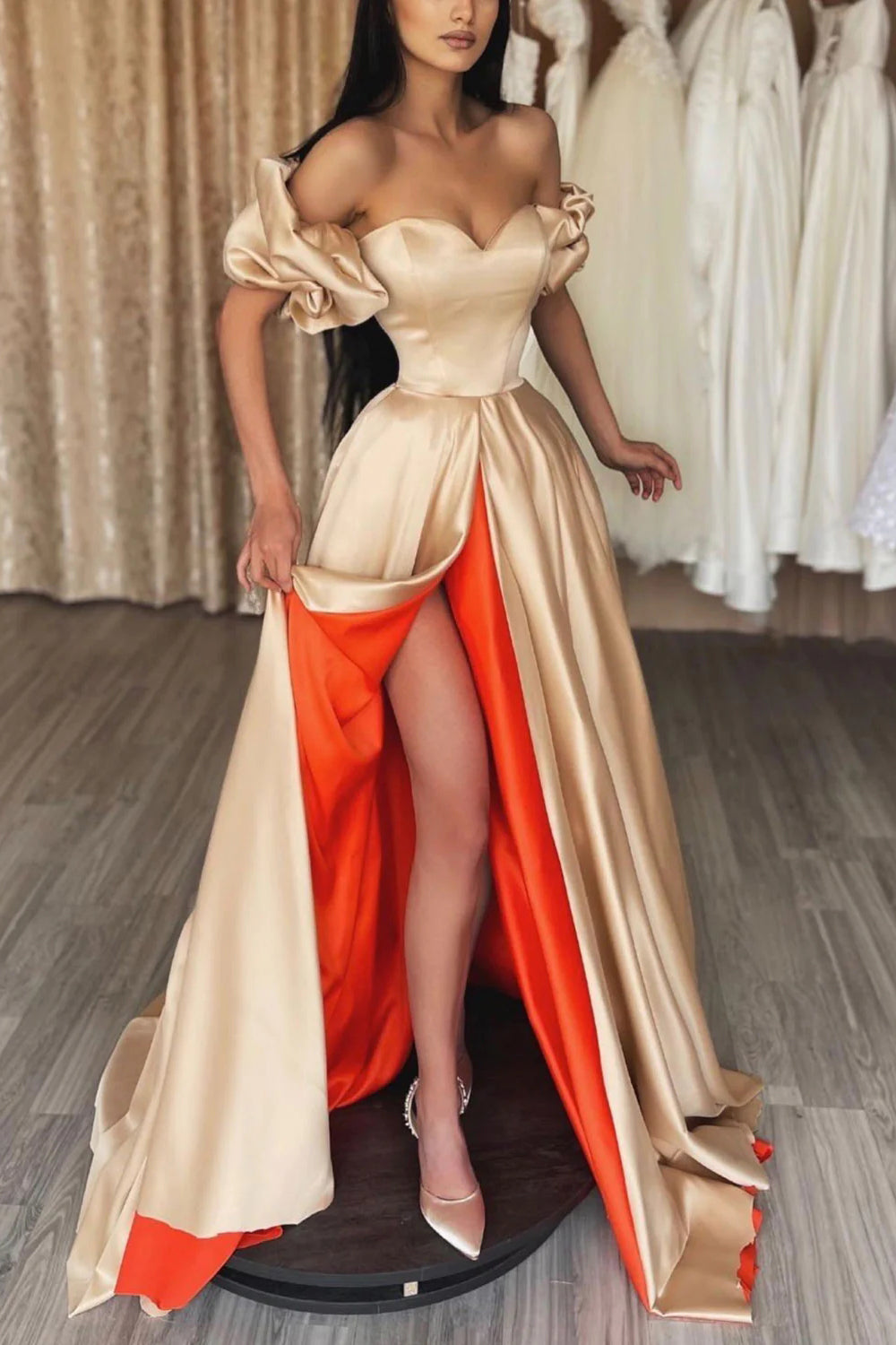 Champagne Long Prom Dress with Off-the-Shoulder A-Line and Front Split