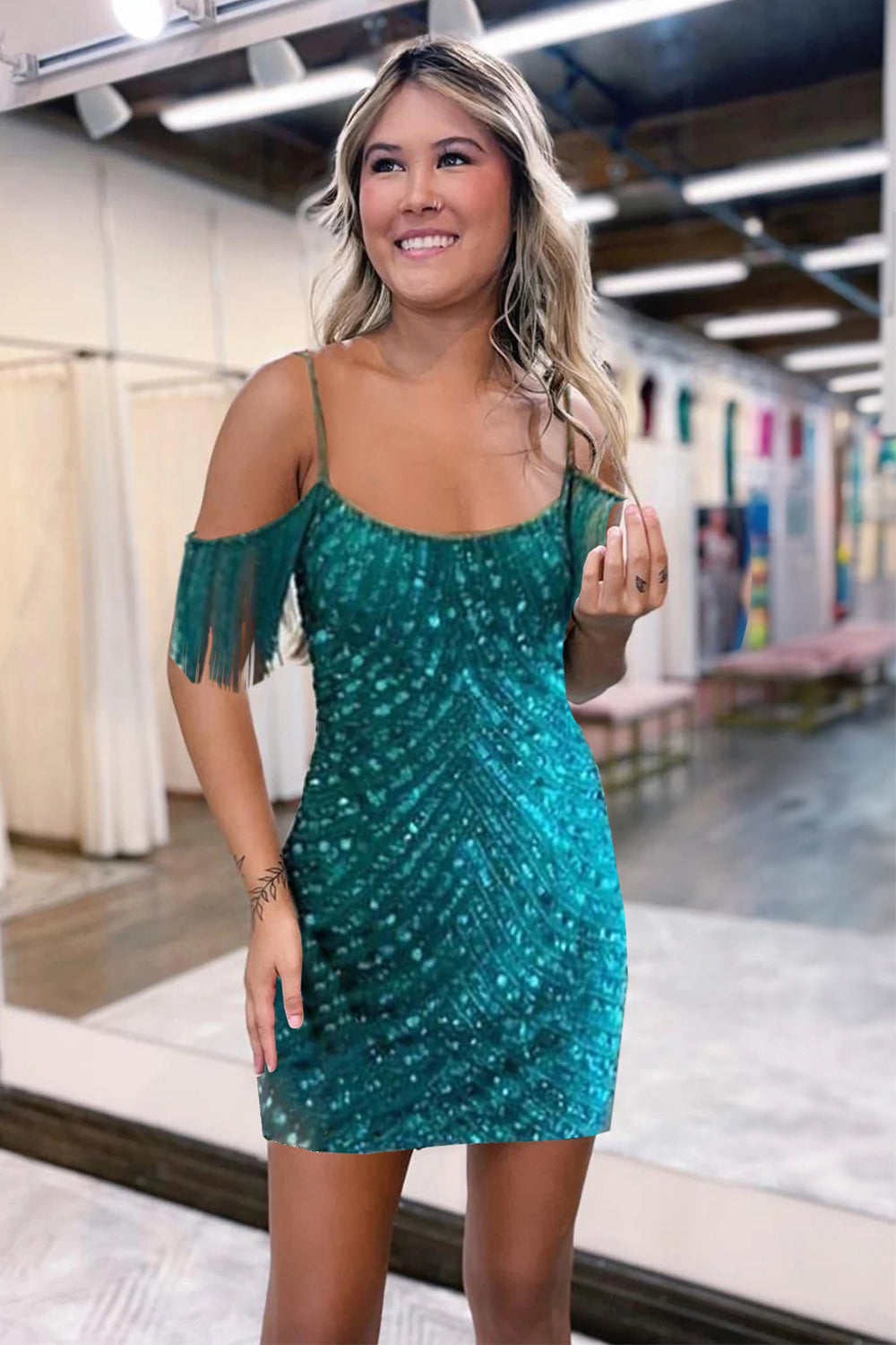 Sparkly Turquoise Tight Sequins Short Homecoming Dress/Mini Dress with Fringes