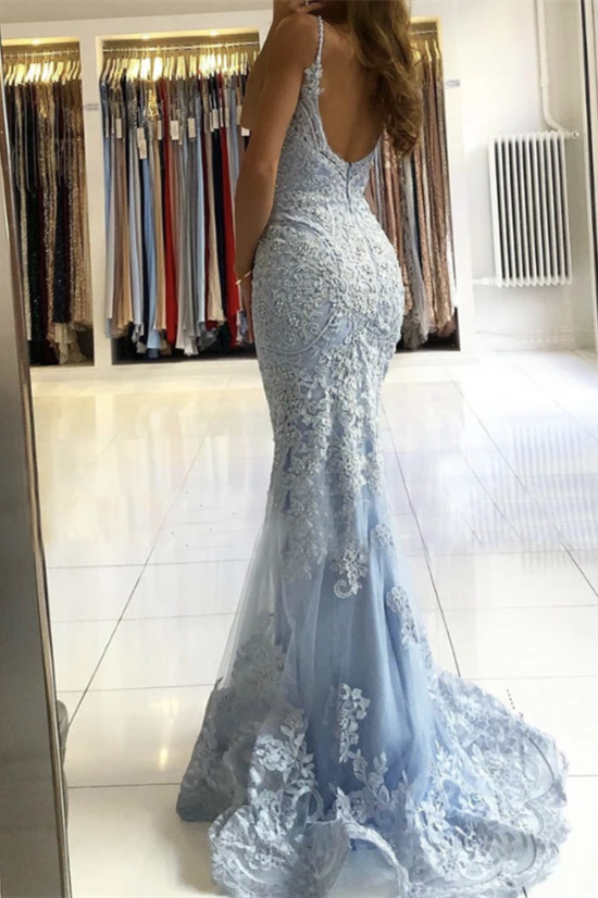 Spaghetti-Straps Mermaid Sky Blue Evening Dress