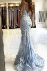 Spaghetti-Straps Mermaid Sky Blue Evening Dress