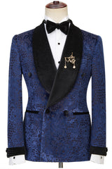 Jane Dark Navy Jacquard Shawl Lapel Sparkle Double-Breasted Men's Suits for Wedding