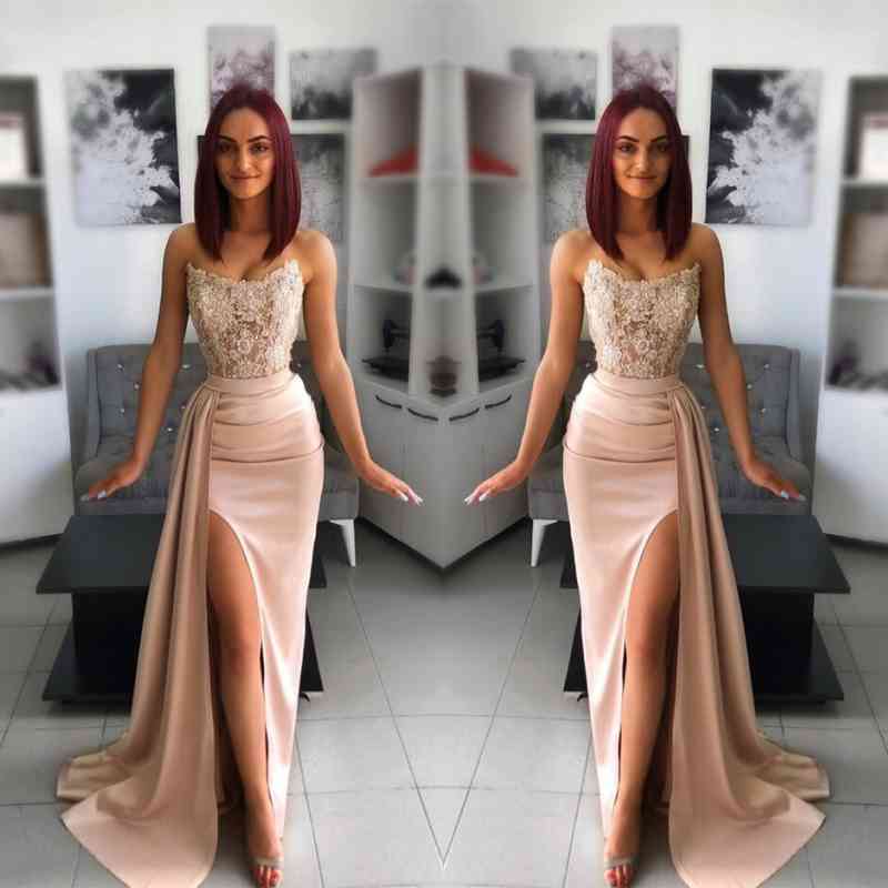 Strapless Pink Slit Mermaid Evening Dress With Chic Appliques