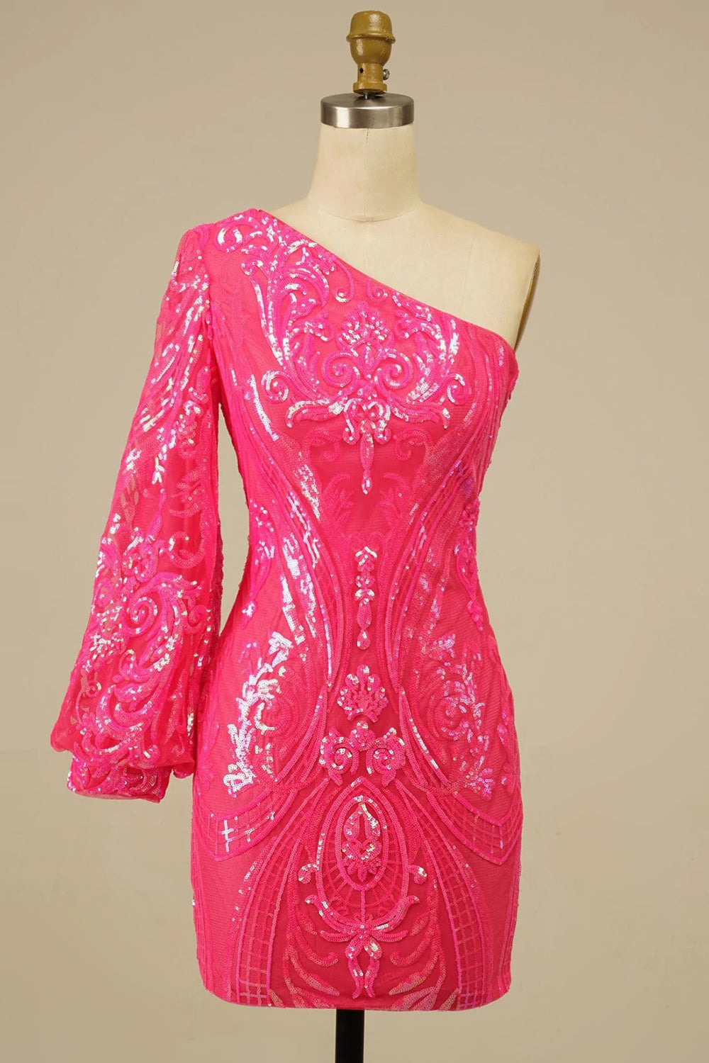 Hot Pink Beaded Sequins One Shoulder Tight Homecoming Dress/Mini Dress