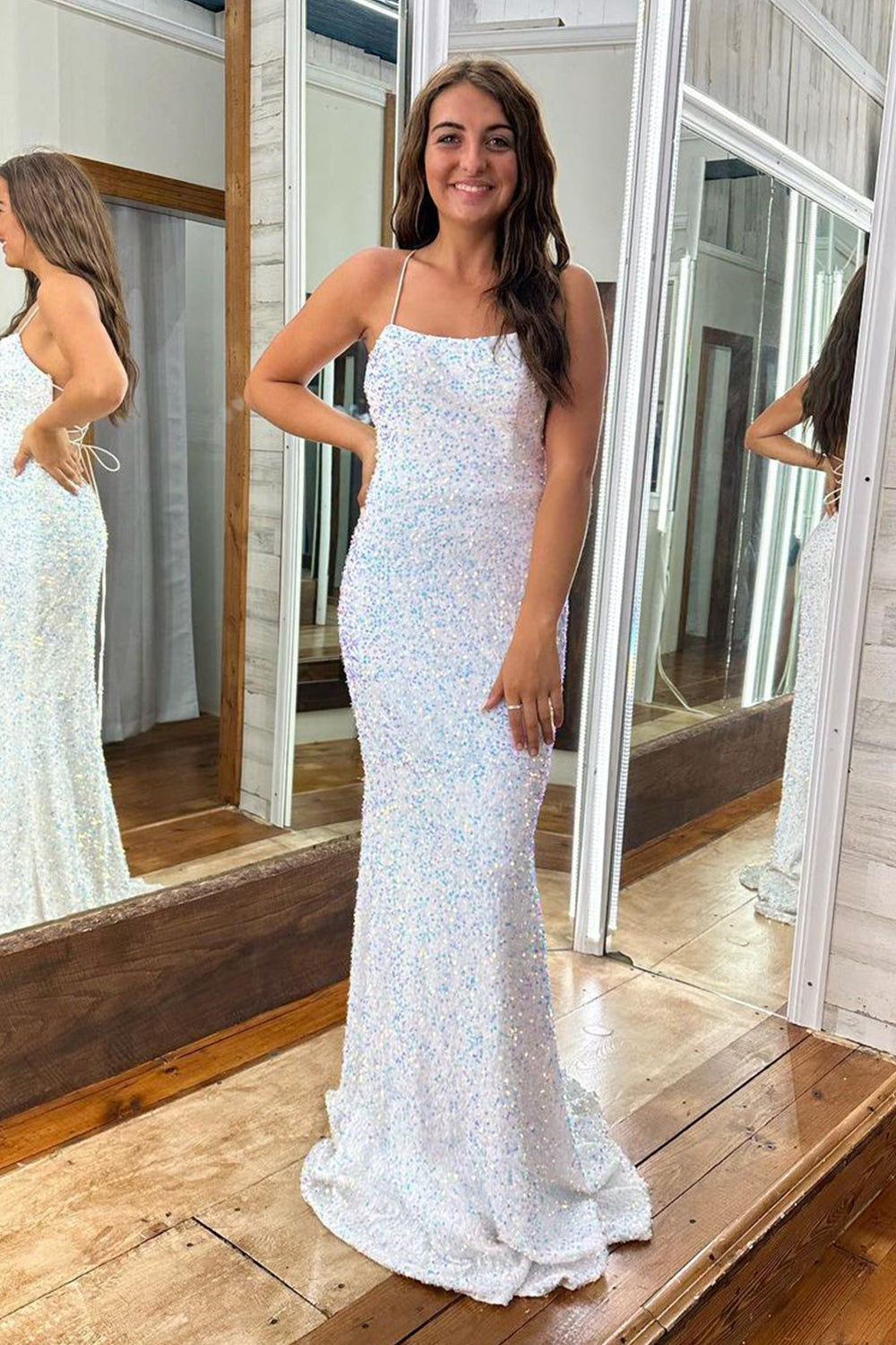 White Sequined Plus Size Mermaid Prom Dress with Criss Cross Back and Spaghetti Straps
