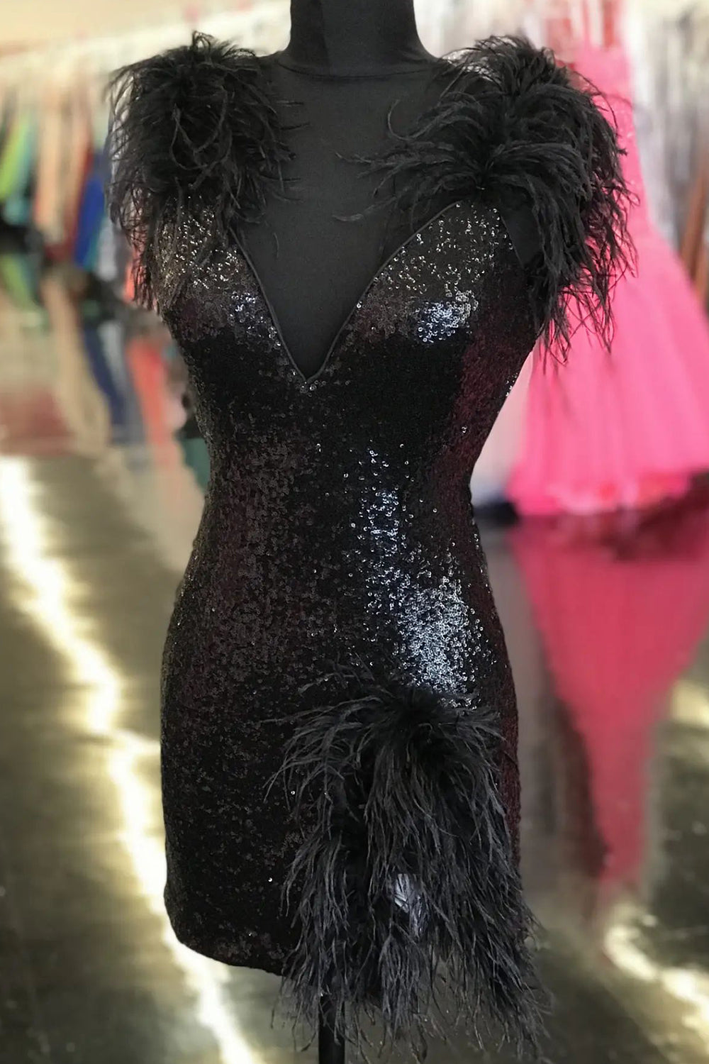 Sparkly Black Sequins Tight Short Homecoming Dress/Mini Dress with Feathers