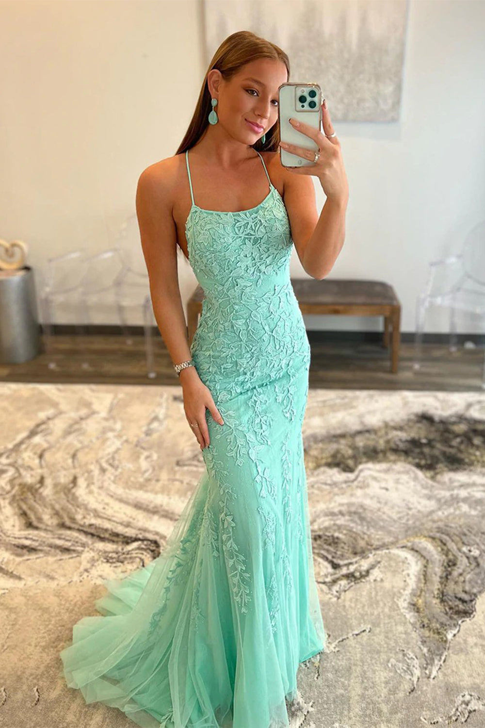 Long Blue Prom Dress with Mermaid Spaghetti Straps and Backless Design