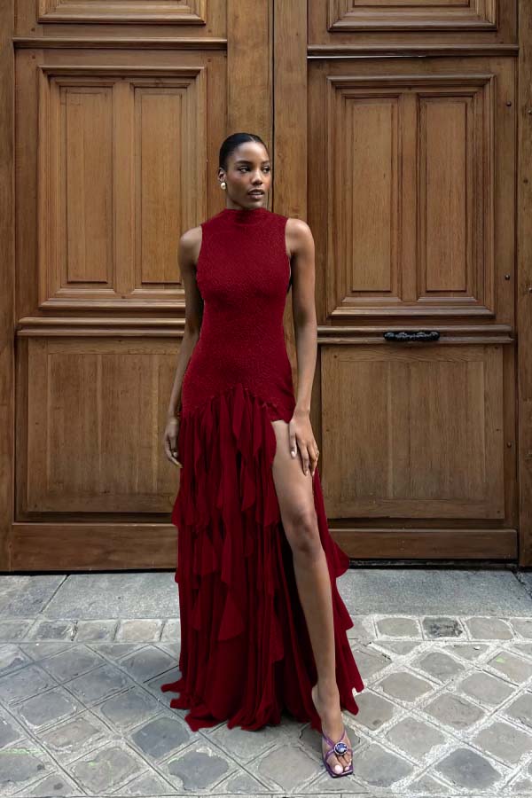 High Neck Sleeveless Long Mermaid Formal Dress With Split Ruffles