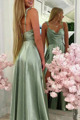 Light Green Long Prom Dress with Silt and A-Line Spaghetti Straps