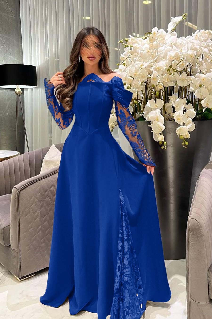 White Off the Shoulder Long Sleeves Long Formal Dress With Appliques