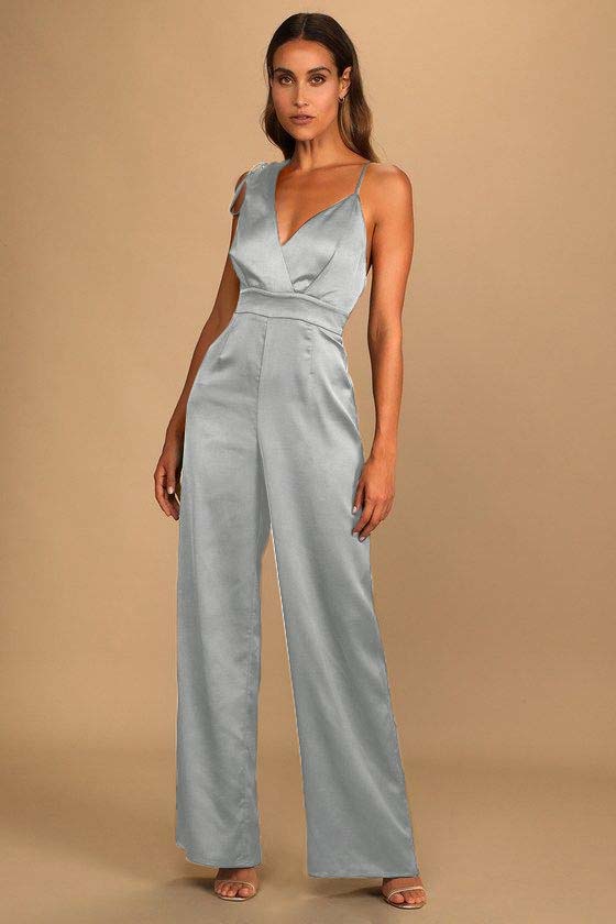 Retro Emerald Green Satin Asymmetrical Wide-Leg Jump Suit