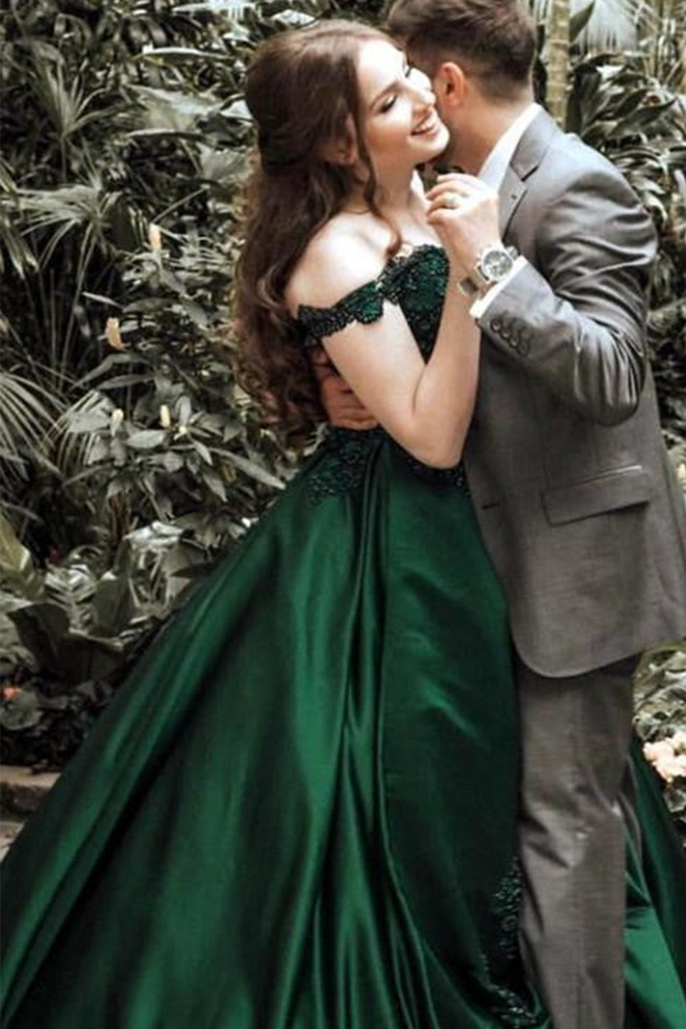 Lace-Trimmed Green Prom Dress with Off-Shoulder Neckline