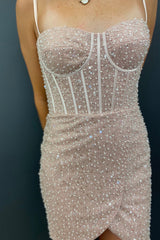 Sparkly Champagne Beaded Sequins Tight Short Homecoming Dress/Mini Dress