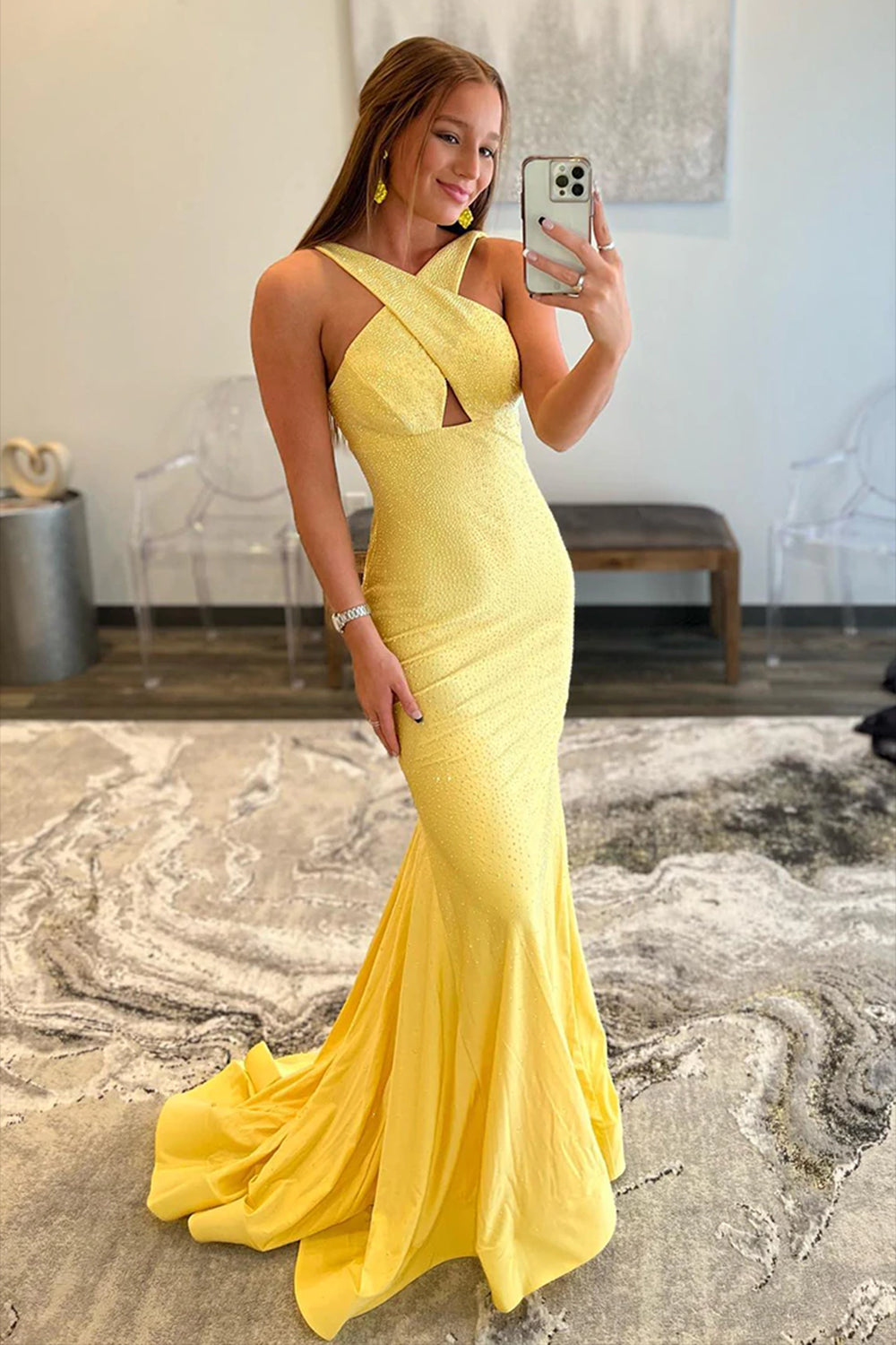Mermaid Prom Dress with Halter Neck in Yellow