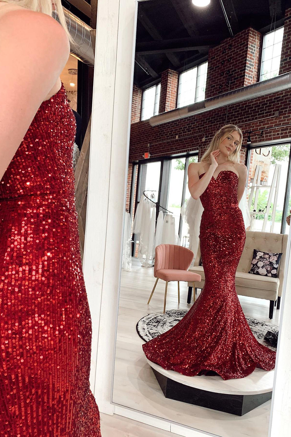 Burgundy Sequined Sweetheart Mermaid Prom Gown with a Sweep Train